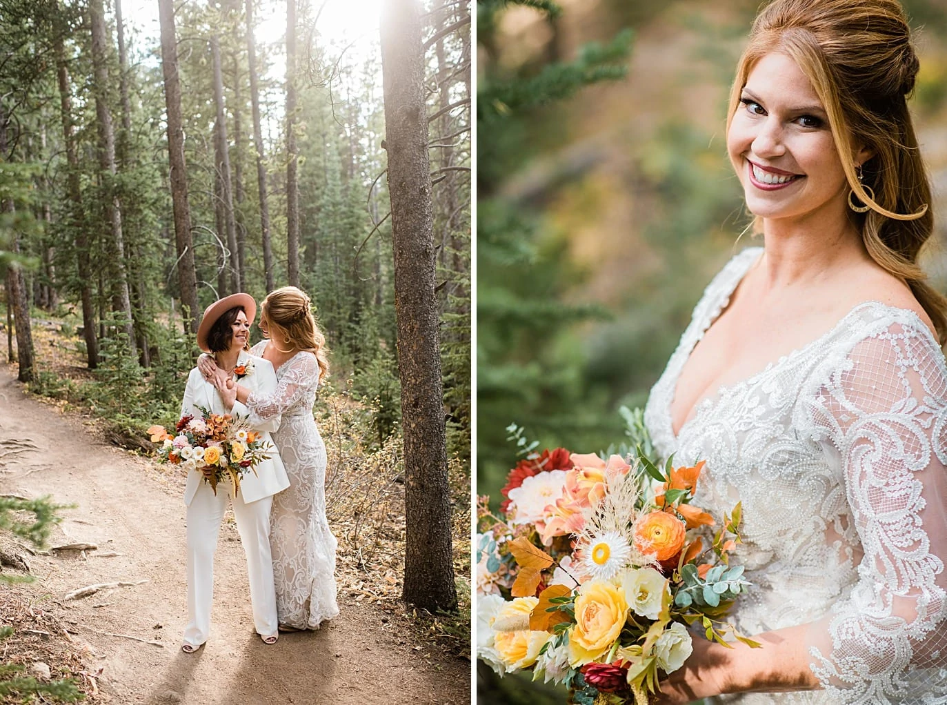 two brides in forest at Breckenridge microwedding by Colorado LGBT wedding photographer Jennie Crate