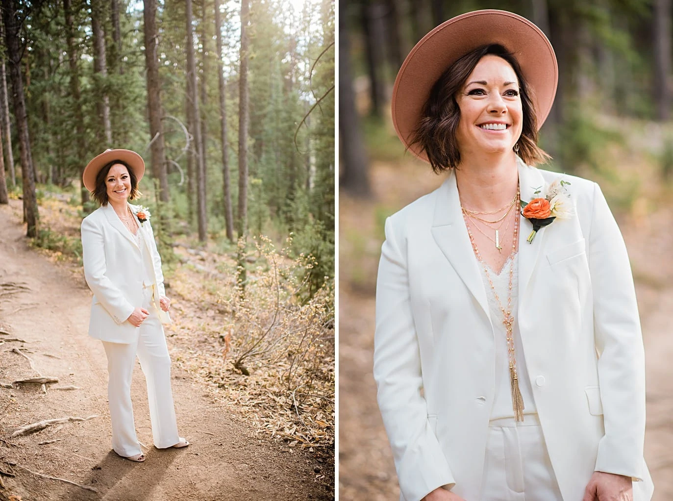 bride in white suit and pink hat at Breckenridge microwedding by Colorado LGBT wedding photographer Jennie Crate