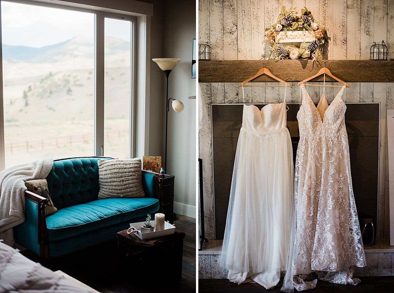 two bridal dresses hanging in getting ready space at Broken Antler Ranch