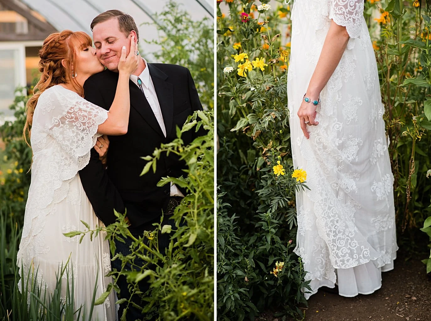couple in a lush greenhouse at broken antler ranch wedding by silverthrone wedding photographer jennie crate