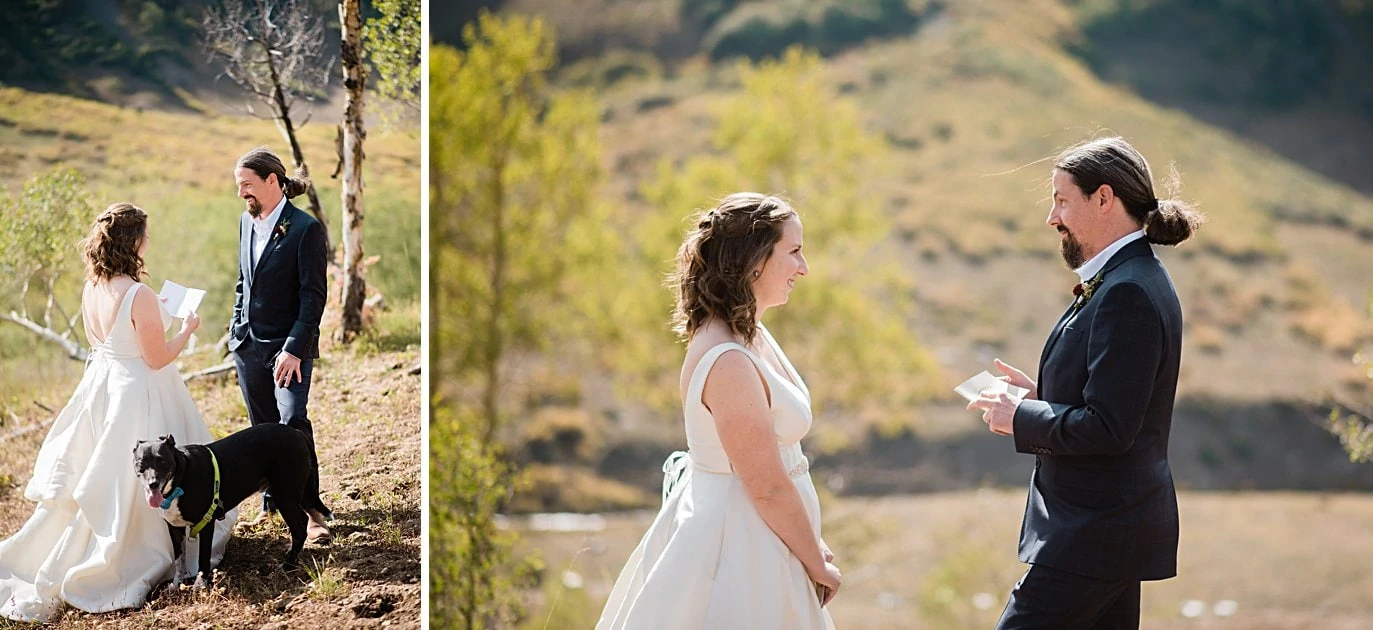 bride and groom exchange vows during self-solemnized ceremony in Colorado by Colorado wedding photographer Jennie Crate