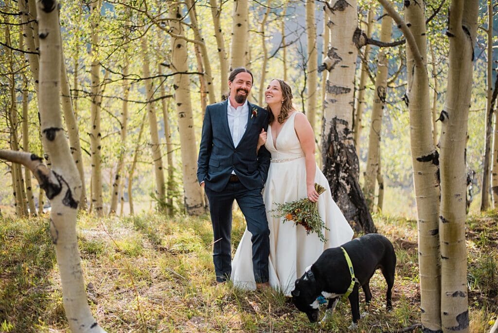 bride and groom with dog after ceremony in aspen trees in Colorado by Colorado wedding photographer Jennie Crate