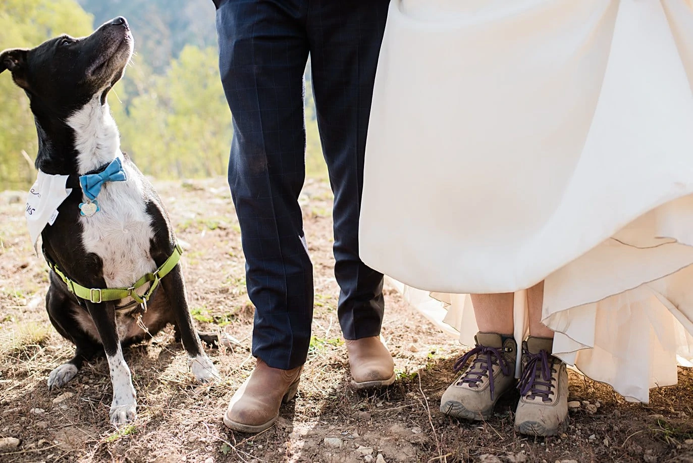 hiking boots under wedding dress on wedding day for Colorado elopement
