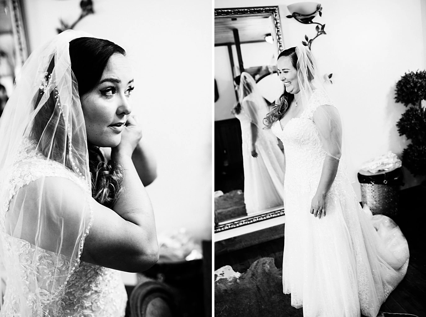 bride puts on earrings while getting ready in barn at Deer Creek Valley Ranch wedding by Conifer wedding photographer Jennie Crate