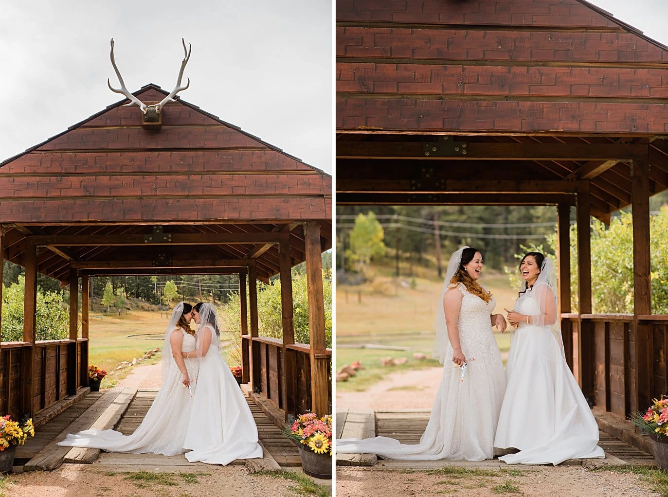 two brides do first look on covered bridge at Deer Creek Valley Ranch wedding by Conifer wedding photographer Jennie Crate