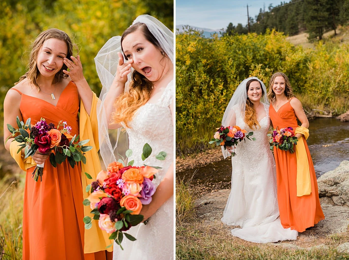 brides and bridesmaids share tears before ceremony at Deer Creek Valley Ranch wedding by Conifer wedding photographer Jennie Crate