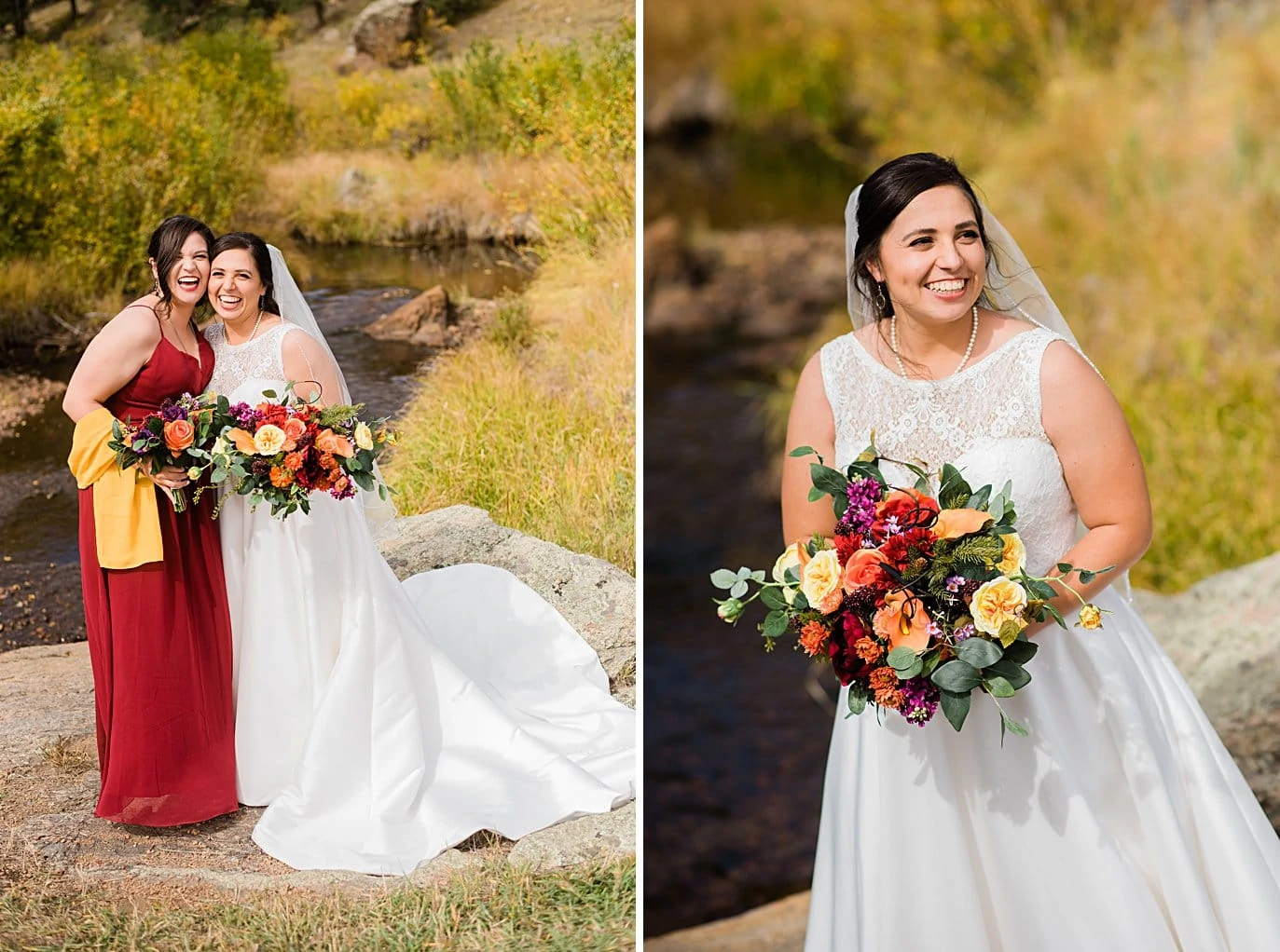 bride and sister hug at fall Colorado wedding by Denver wedding photographer Jennie Crate