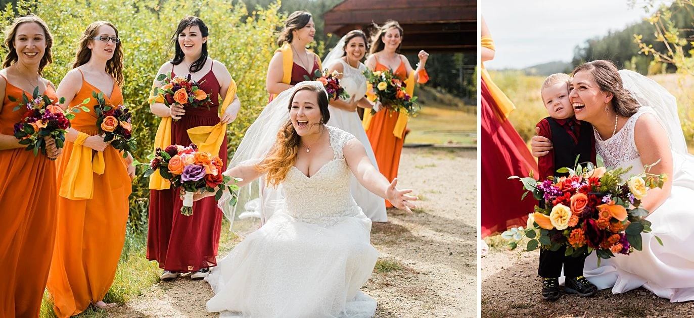 brides hug nephews at fall Colorado wedding by Denver wedding photographer Jennie Crate