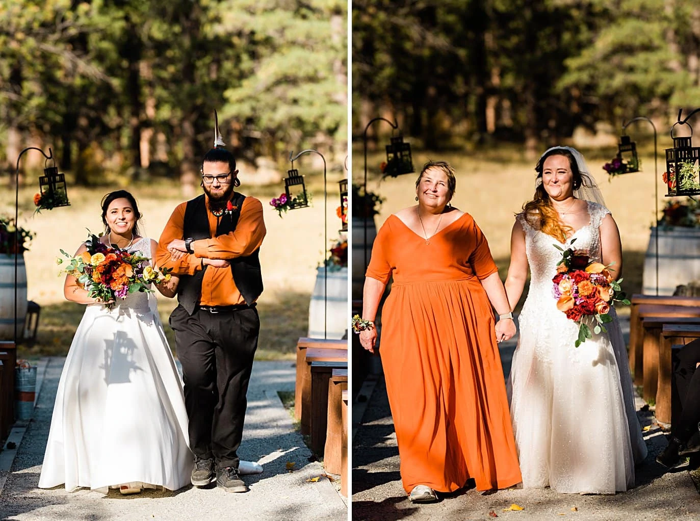 brides walk down aisle on wedding day at fall Colorado wedding by Denver wedding photographer Jennie Crate
