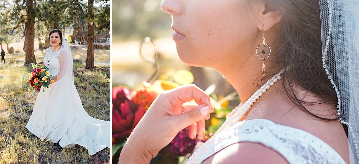 bride with dream catcher native american earrings and faux floral bridal bouquet at LGBT wedding by Colorado LGBT wedding photographer Jennie Crate