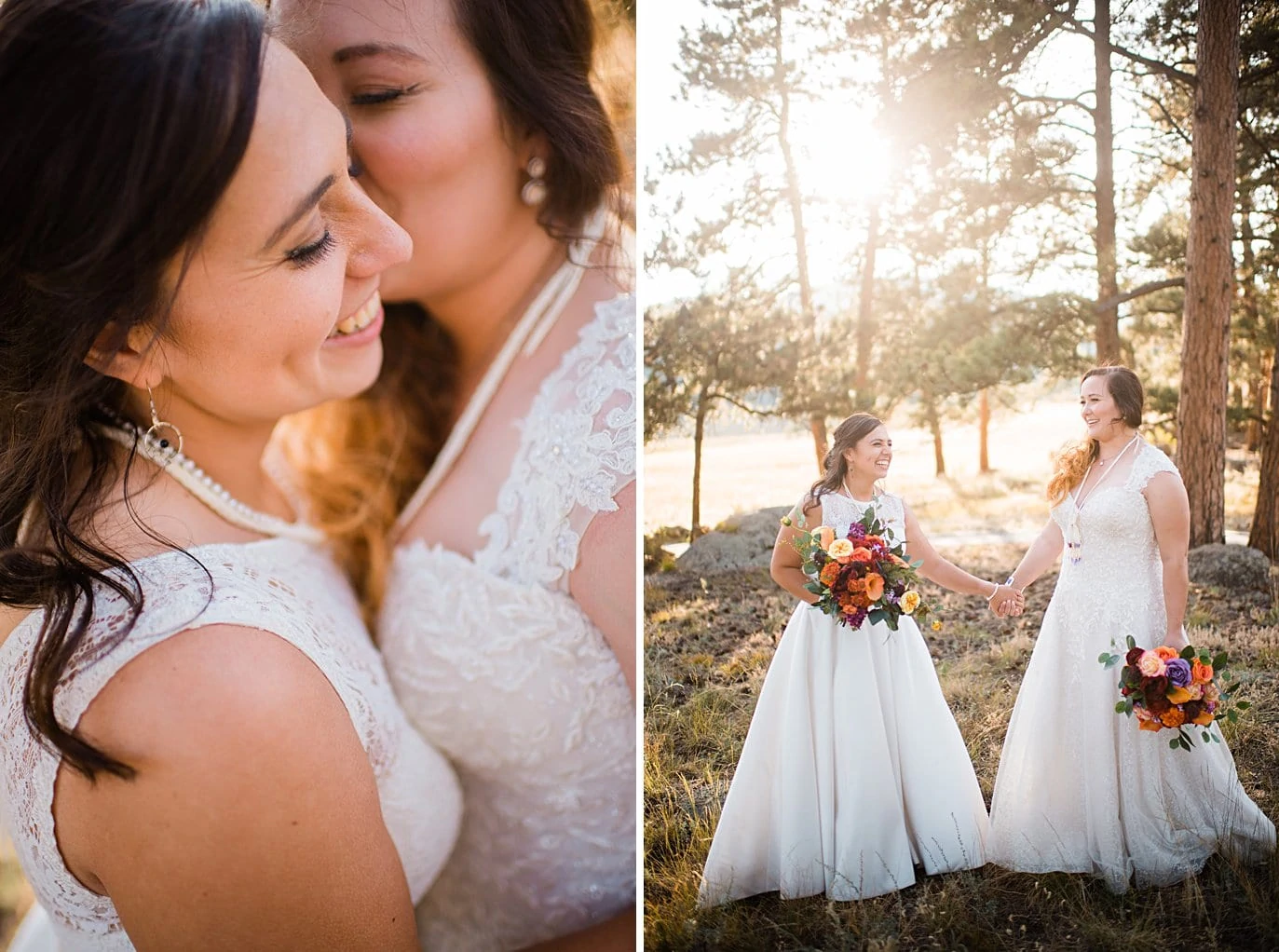 two brides sunset portraits at Deer Creek Valley Ranch same-sex wedding by Denver LGBT wedding photographer Jennie Crate