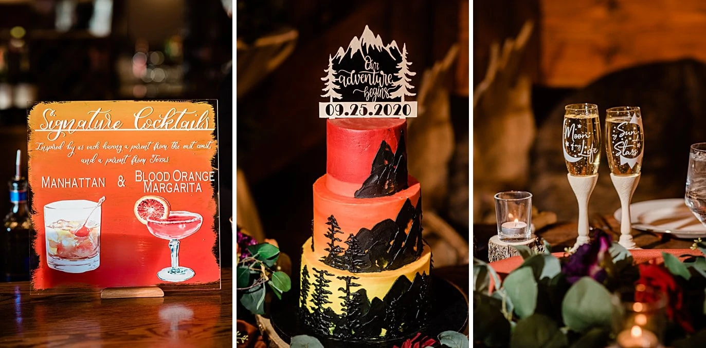 ombre decor and bold mountain wedding cake at Deer Creek Valley Ranch same-sex wedding by Denver LGBT wedding photographer Jennie Crate