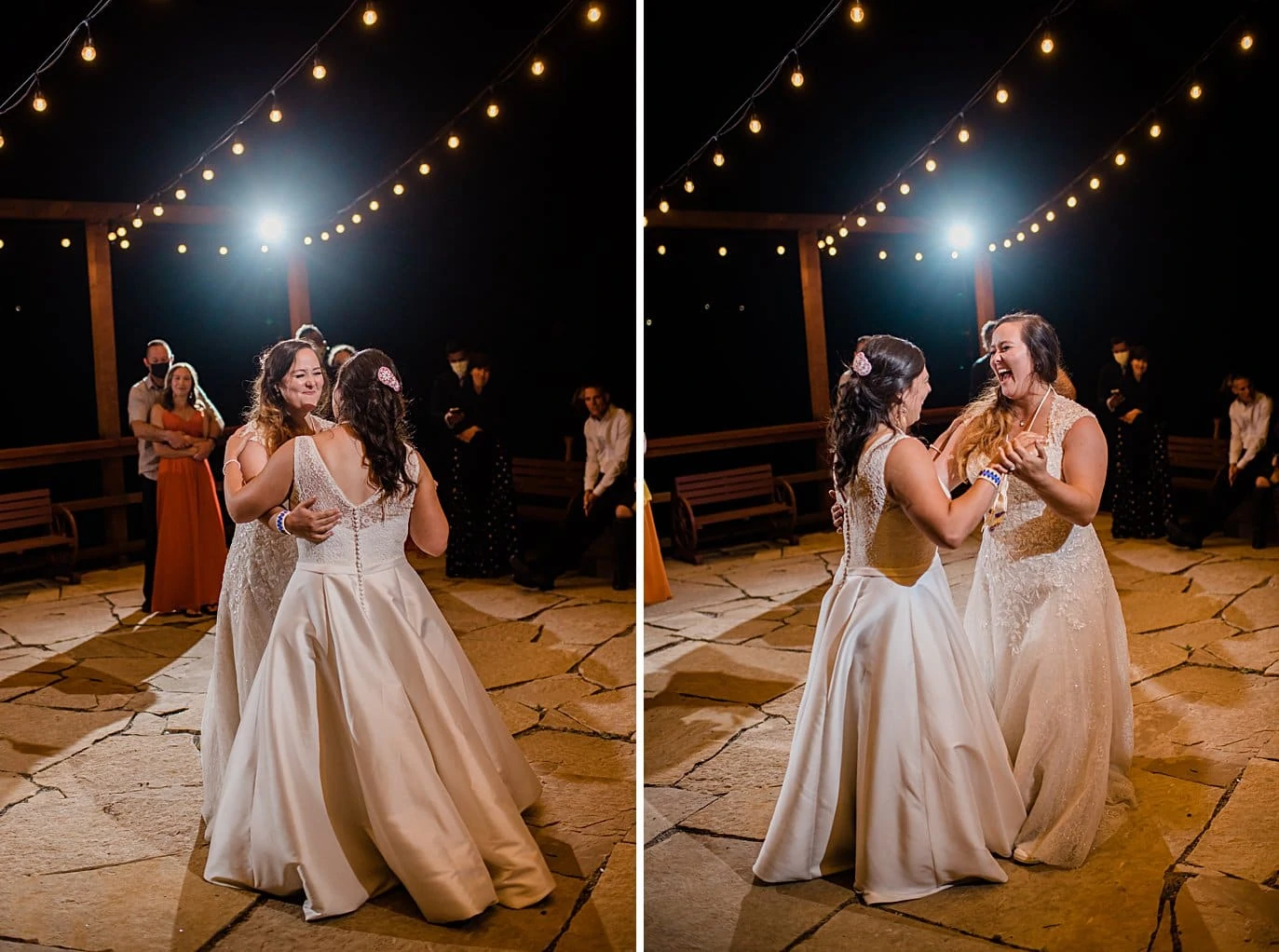 two brides share first dance on patio under market lights at Deer Creek Valley Ranch same-sex wedding by Denver LGBT wedding photographer Jennie Crate