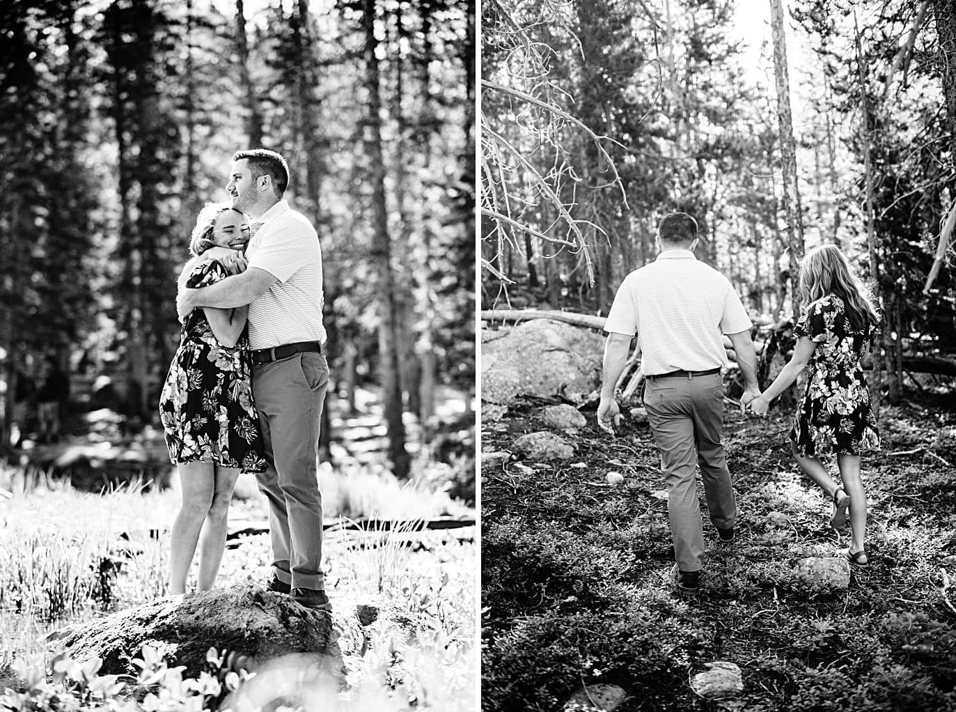 couple walks through woods during engagement shoot in Rocky Mountain National Park by Lyons wedding photographer Jennie Crate