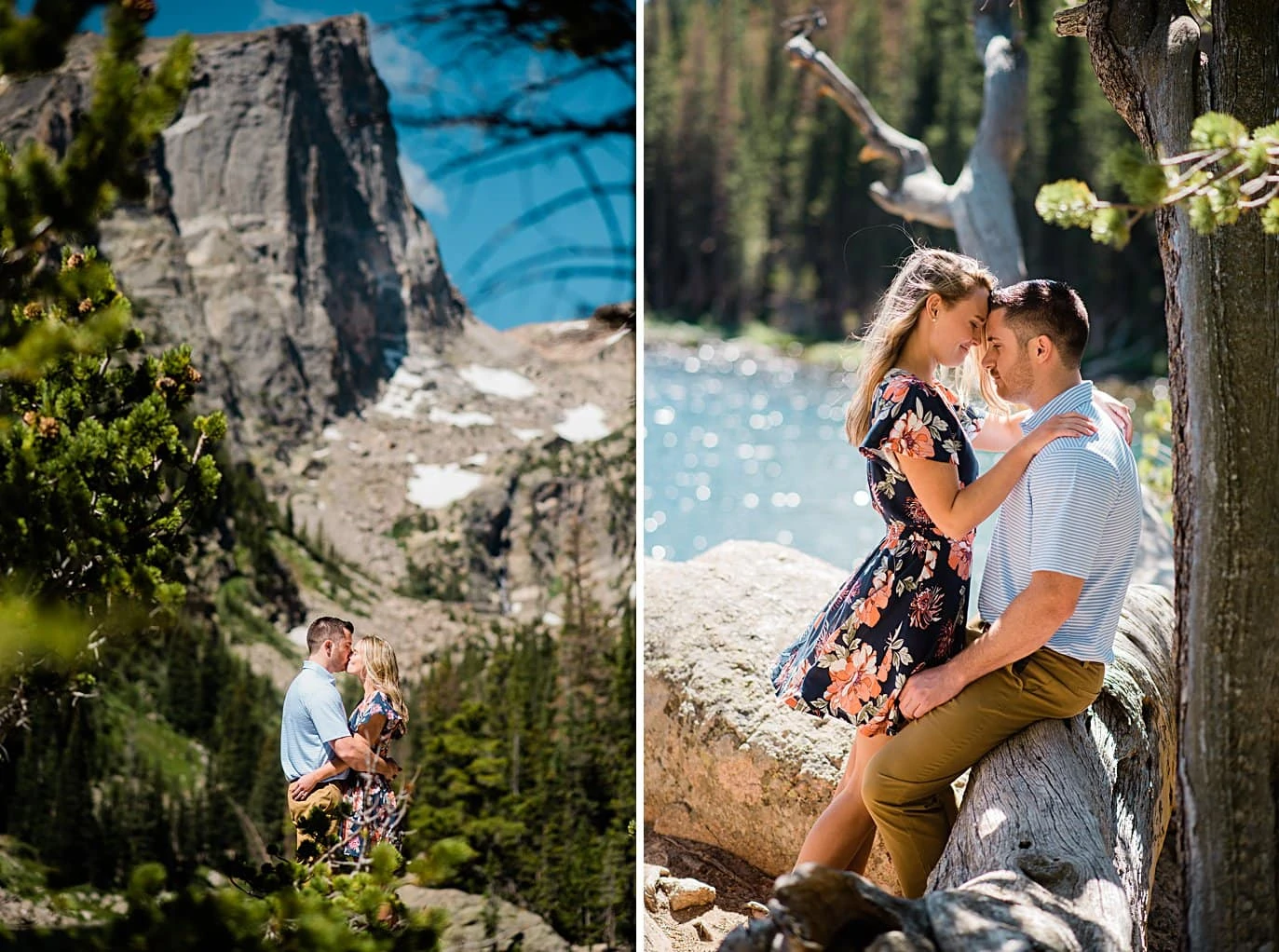 engaged couple hikes at dream lake engagement by Denver wedding photographer Jennie Crate