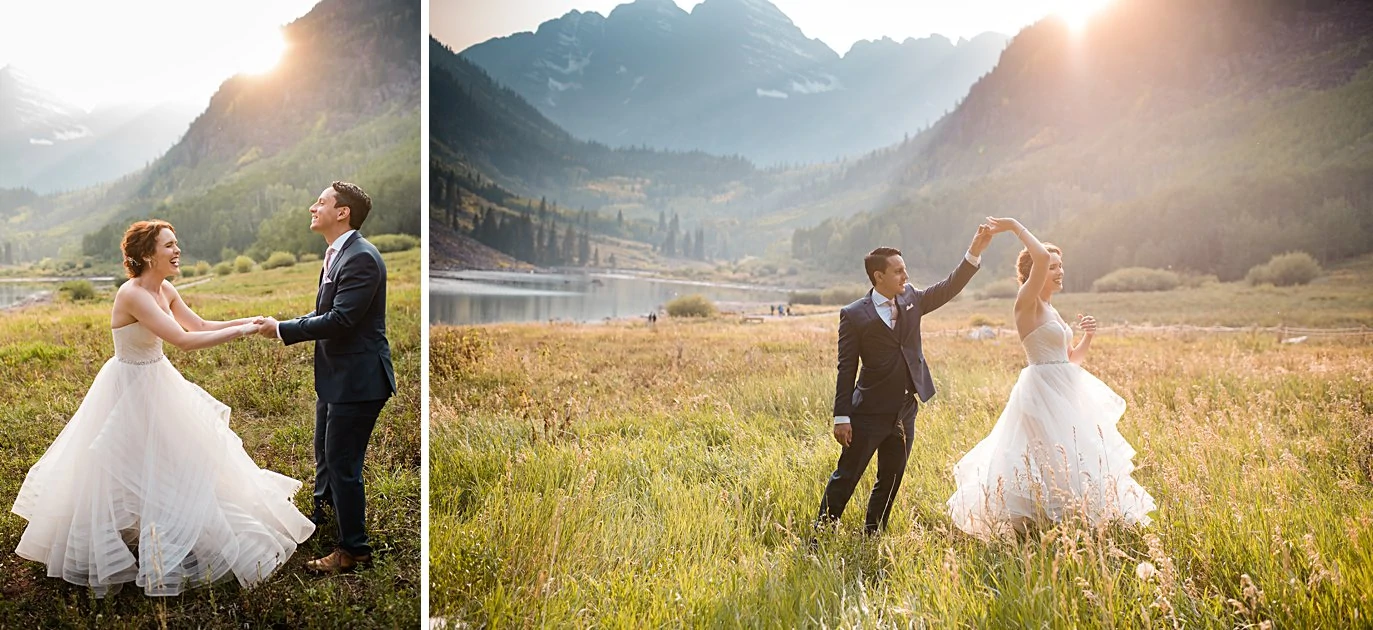 bride and groom twirl at sunset at fall Maroon Bells wedding by Aspen wedding photographer Jennie Crate