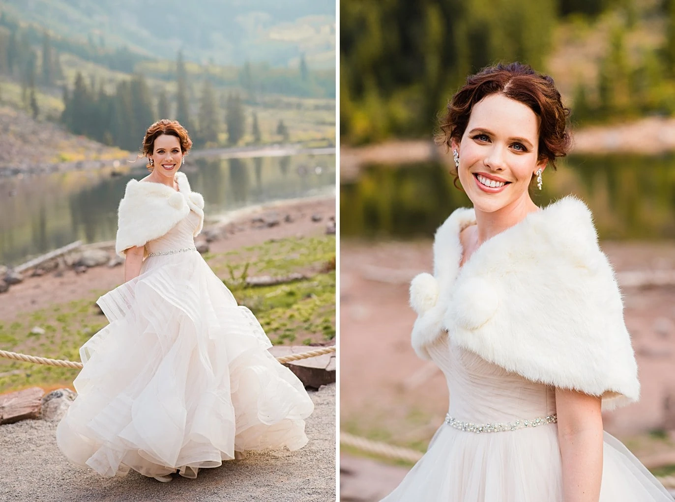 bride in layered striped wedding dress with antique faux fur shawl