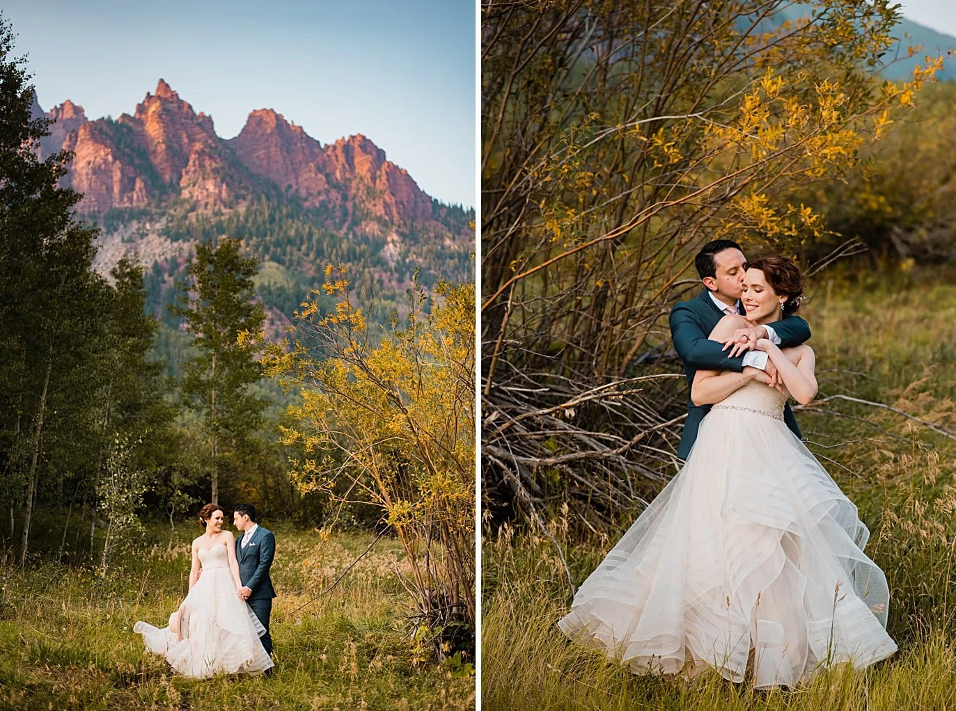 bride and groom in front of red peaks at fall Maroon Bells wedding by Snowmass wedding photographer Jennie Crate
