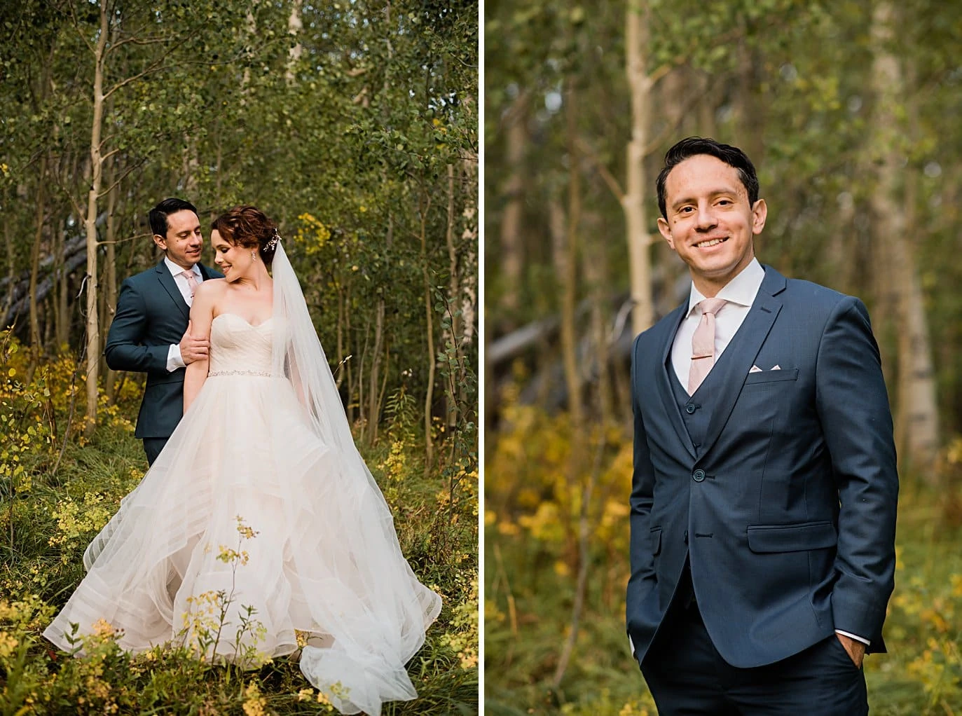 bride and groom in fall aspen trees at fall Aspen wedding by Snowmass wedding photographer Jennie Crate