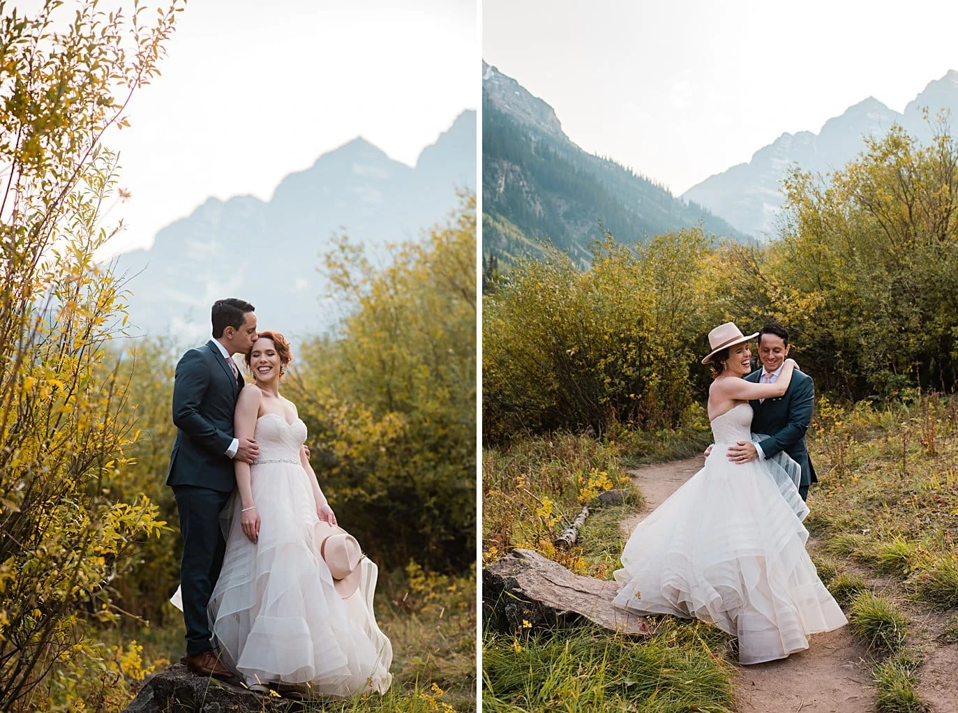 bride and groom cuddle in front of Maroon Bells peaks at fall Maroon Bells wedding by Snowmass wedding photographer Jennie Crate