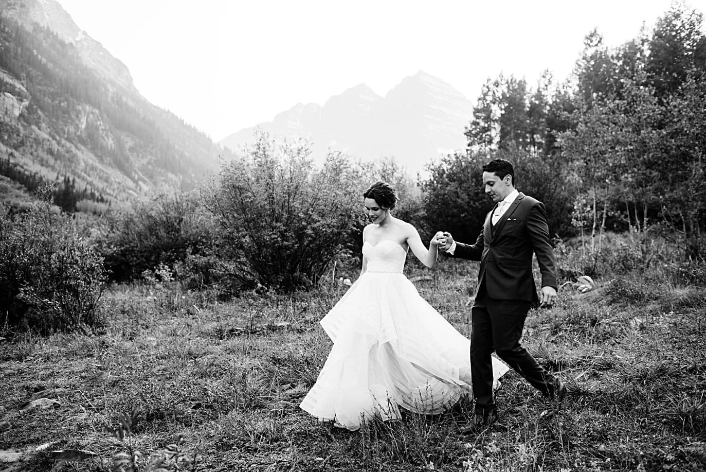 black and white portrait of bride and groom in Aspen by Denver wedding photographer Jennie Crate