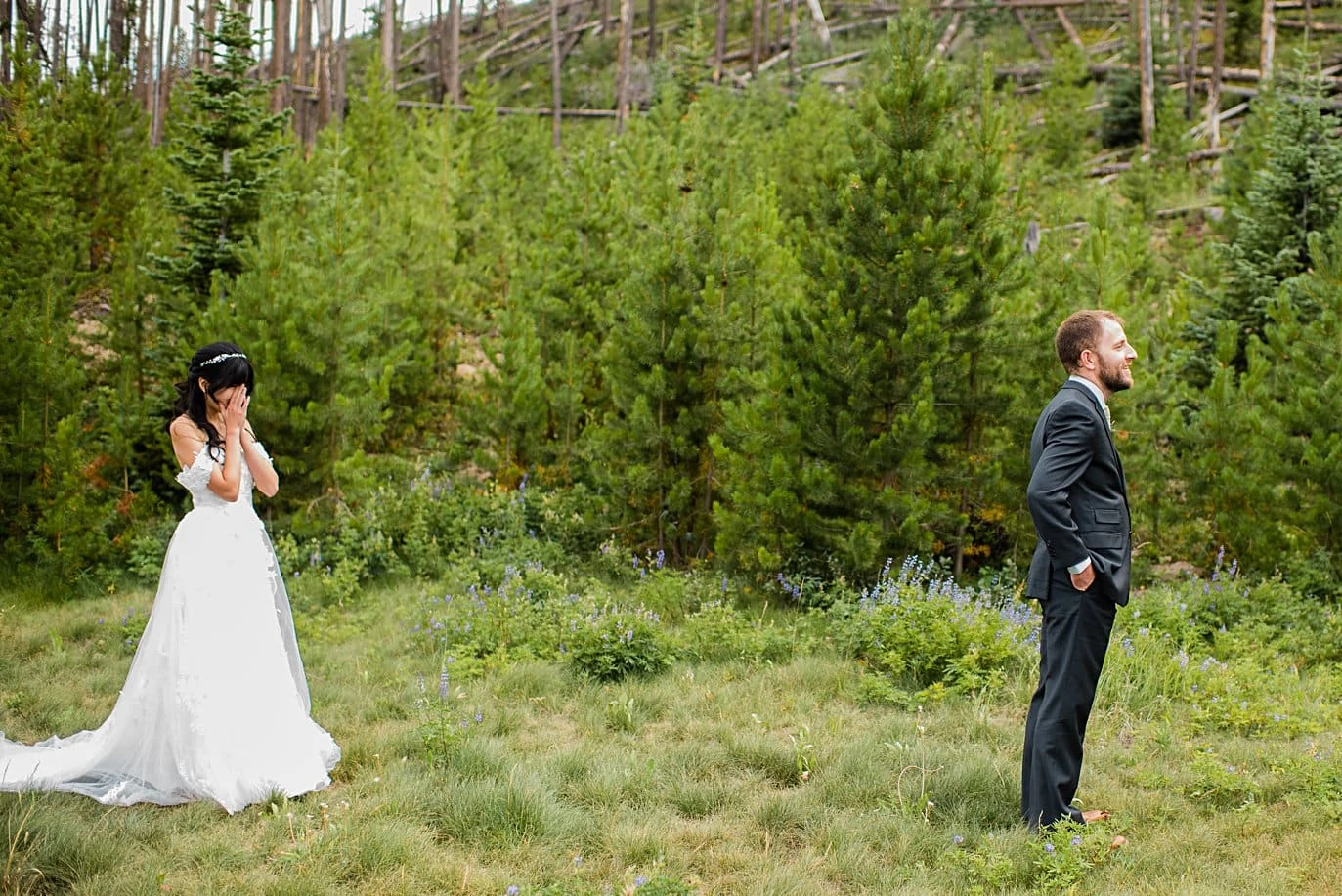 emotional first look at intimate Grand Lake wedding by Grand Lake wedding photographer Jennie Crate