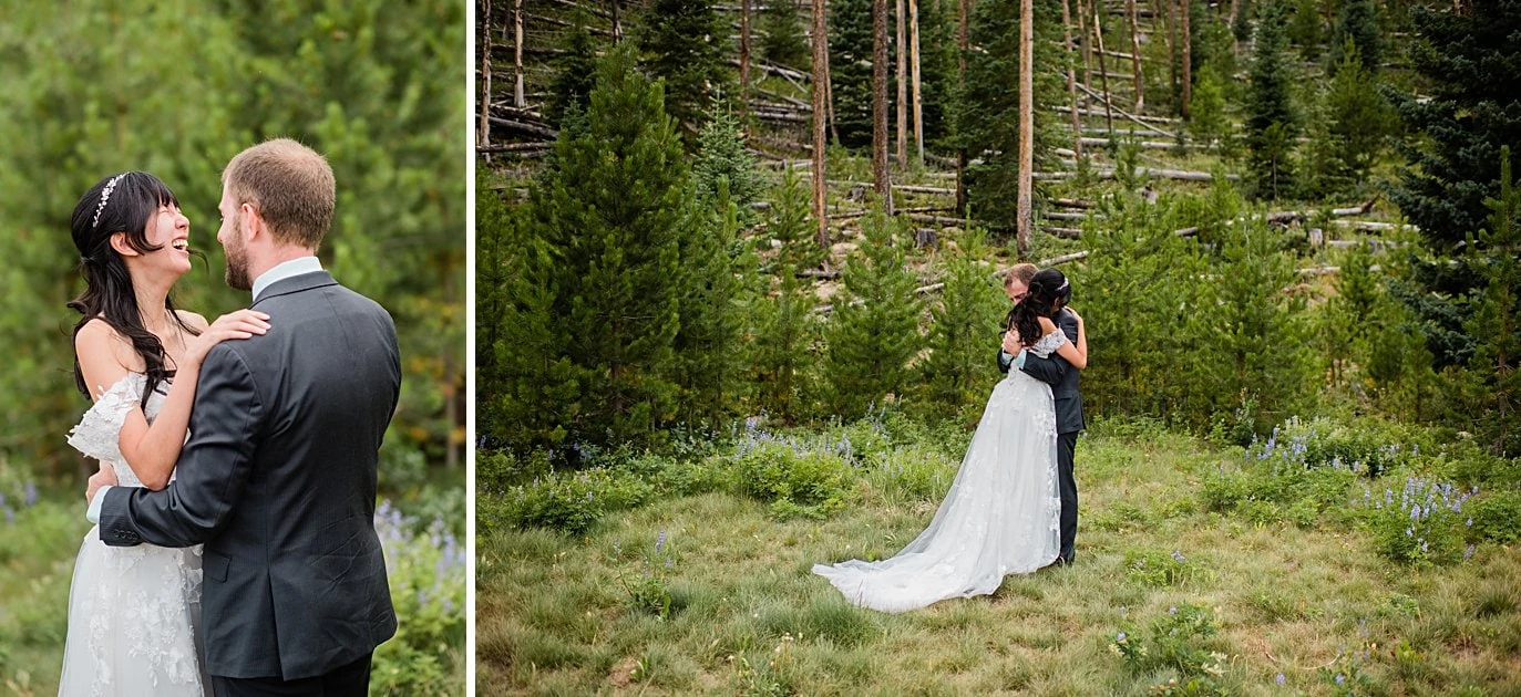 bride and groom share emotional first look in trees at intimate Grand Lake wedding by Grand Lake wedding photographer Jennie Crate
