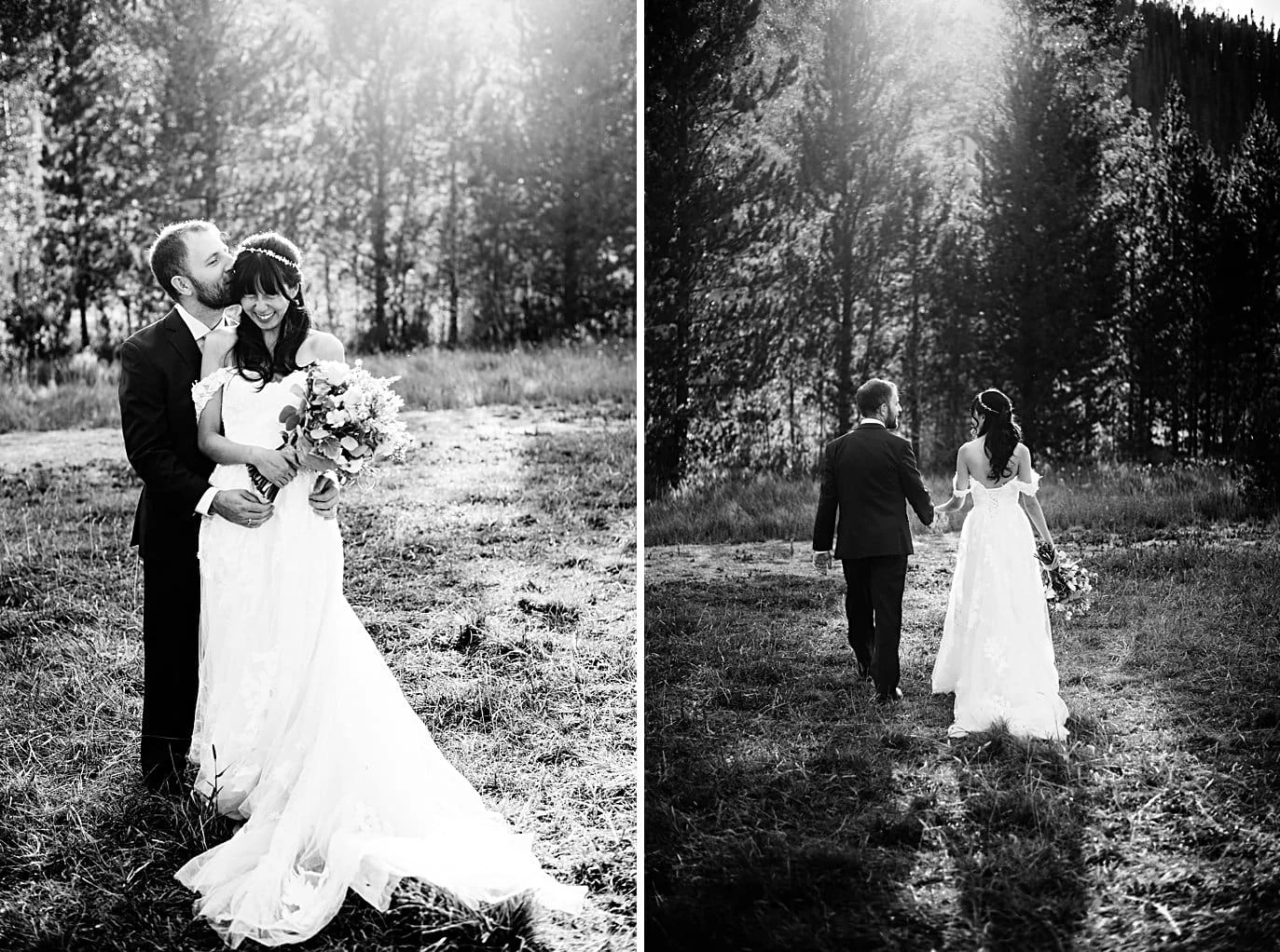 romantic black and white portraits of bride and groom at intimate Grand Lake wedding by Estes Park wedding photographer Jennie Crate