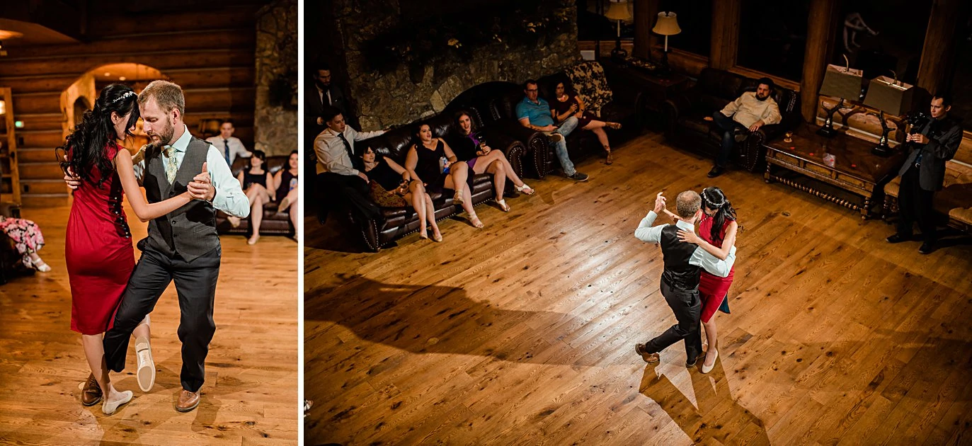 bride and groom first dance tango at intimate Grand Lake wedding by Boulder wedding photographer Jennie Crate