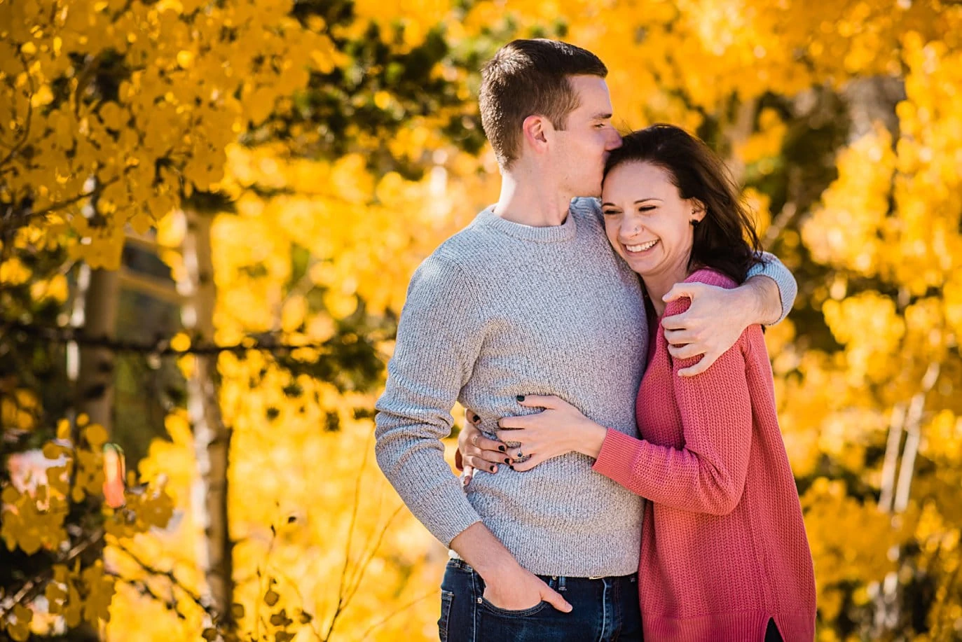 fall engagement session with yellow aspens by Boulder engagement photographer Jennie Crate