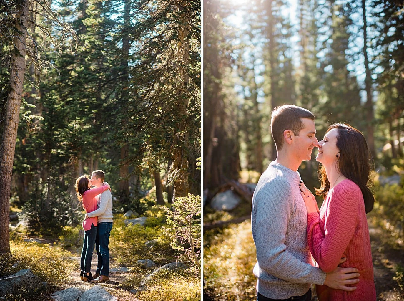 bride and groom cuddle in sunshine in forest Mitchell Lake engagement session by Boulder engagement photographer Jennie Crate