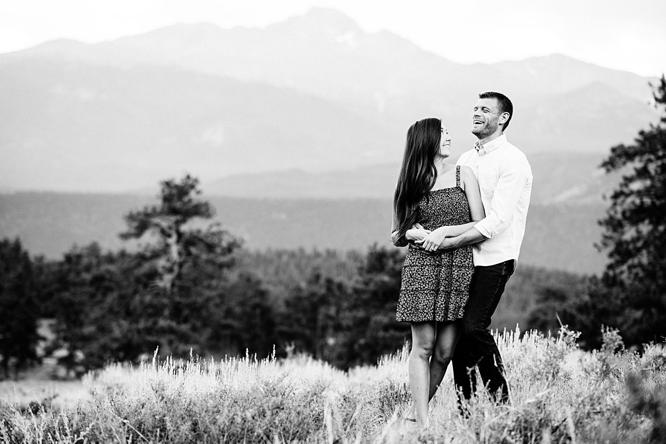 black and white summer engagement session at 3M Curve in Rocky Mountain National Park by Estes Park engagement photographer Jennie Crate