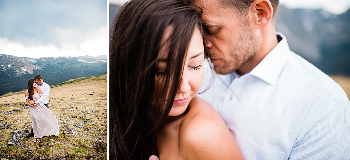intimate moment between bride and groom summer trail ridge road engagement session by RMNP engagement photographer Jennie Crate