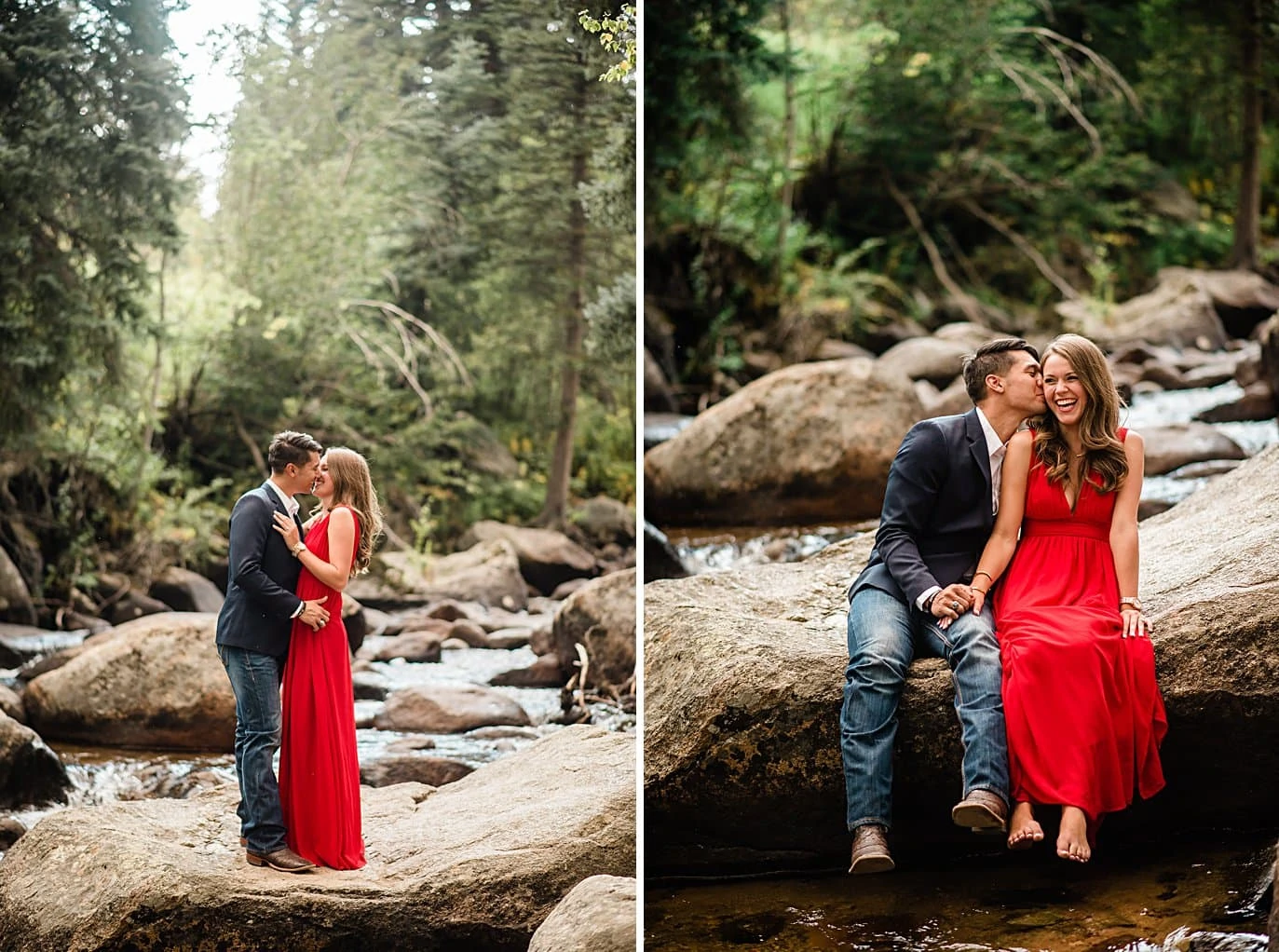 bride and groom barefoot by creek at Rocky Mountain National Park engagement by Estes Park engagement photographer Jennie Crate