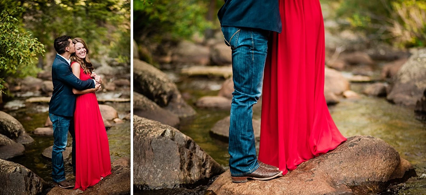 engaged couple in navy suit and red formal dress at Rocky Mountain National Park engagement by Estes Park engagement photographer Jennie Crate