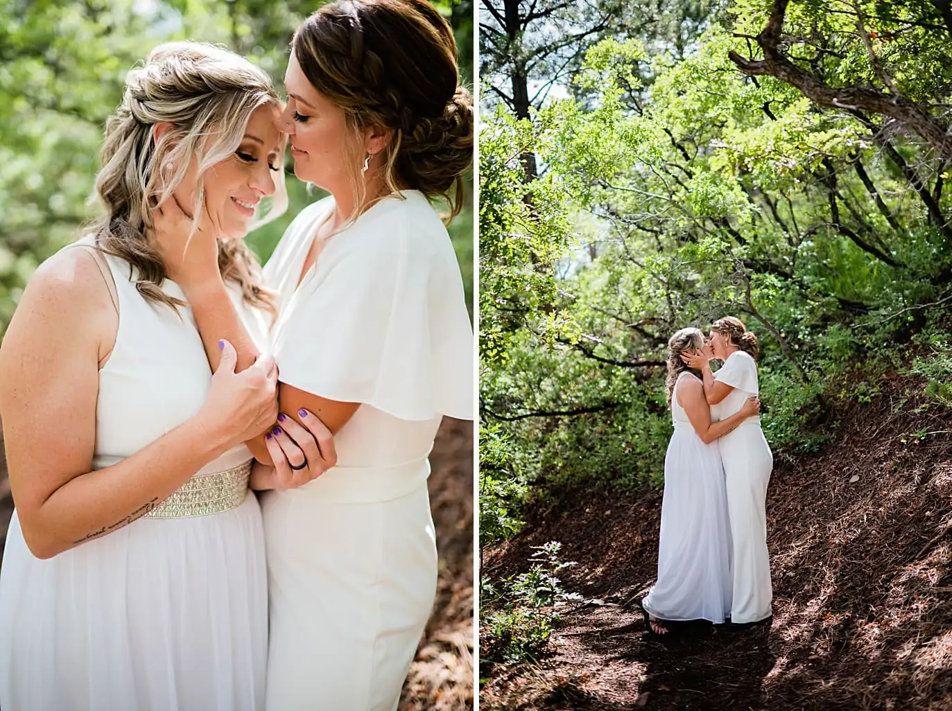 two brides embrace after intimate bayfield colorado wedding