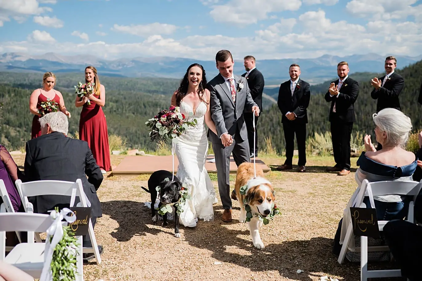 bride and groom walk back down aisle after ceremony with their two dogs