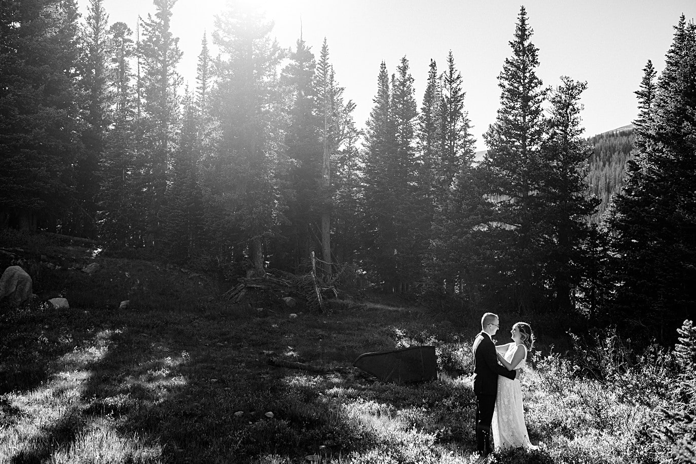 bride and groom cuddle in an evergreen field on their elopement day in the Colorado mountains