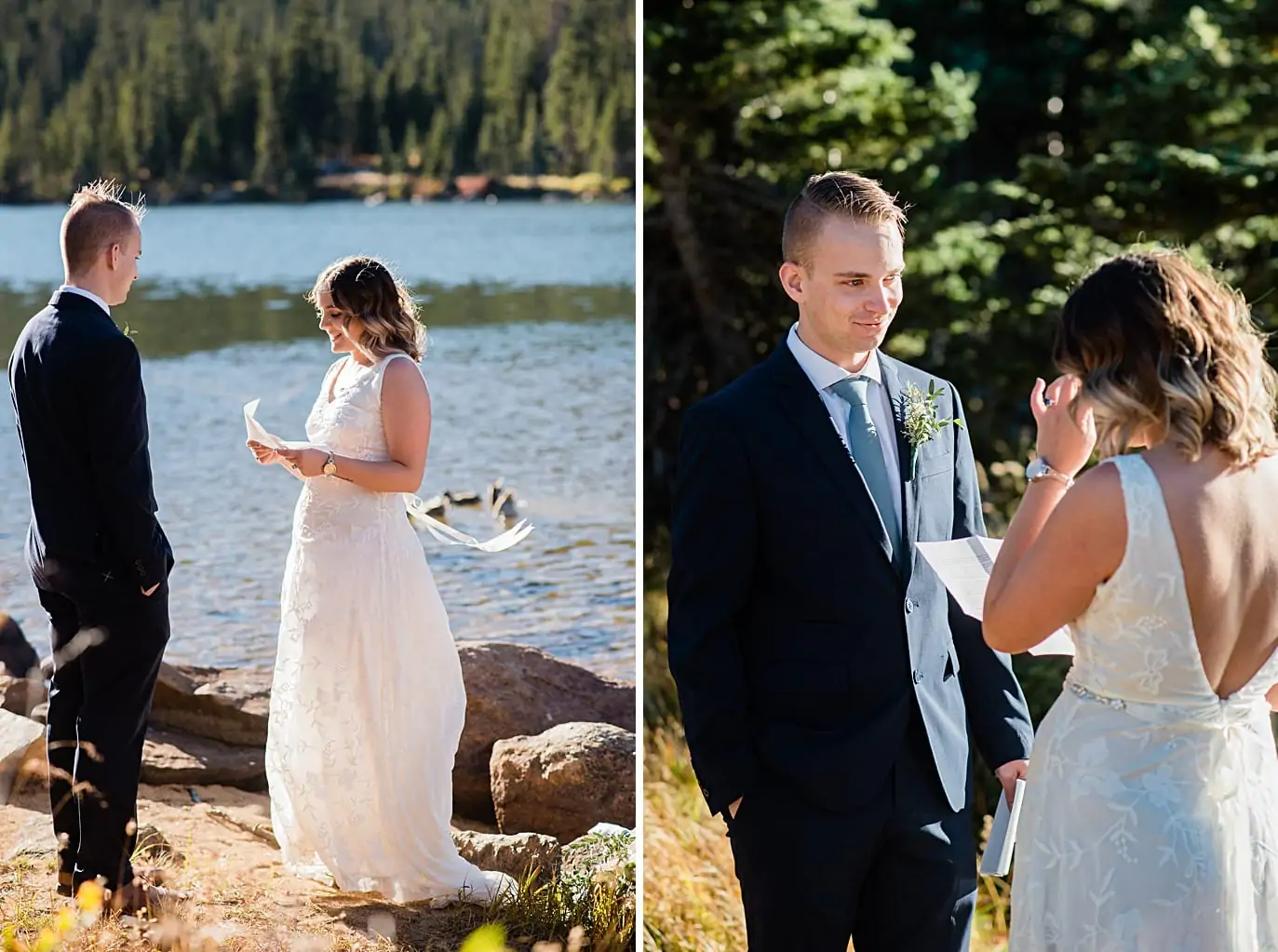 bride and groom exchange hand written vows as the sun sets behind the peaks at Long Lake
