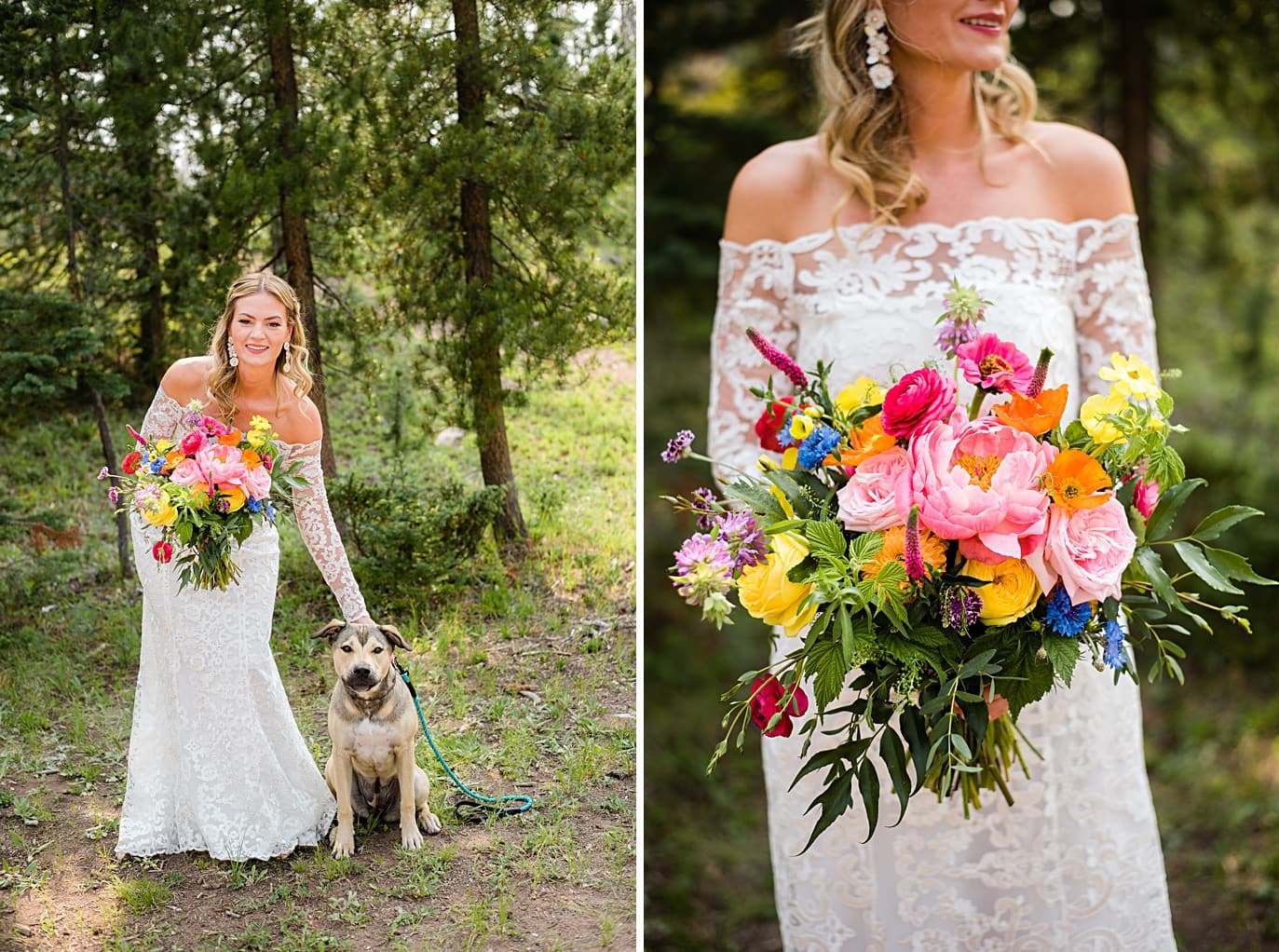 bride with lace dress and vibrant wildflower bouquet at Piney Lake Wedding