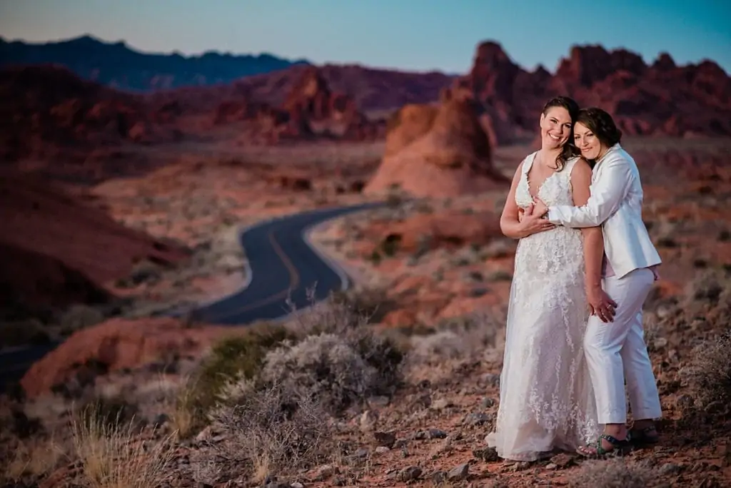 Valley of Fire at sunset with two brides