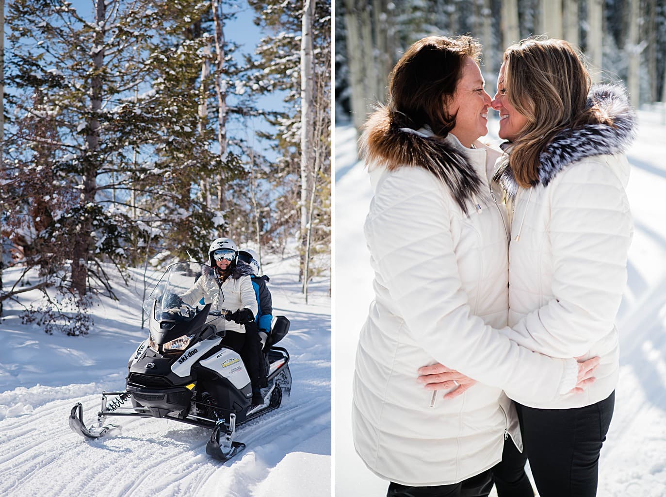 two brides explore the aspens on their snowmobile elopement in Breckenridge