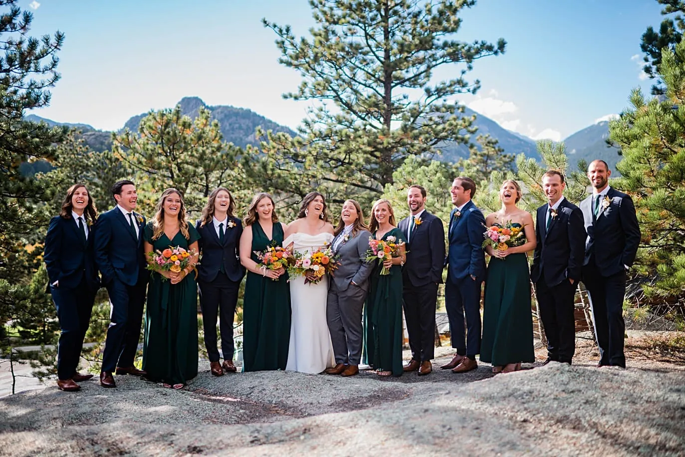 wedding party on the rocks at the Boulders Wedding in Estes Park